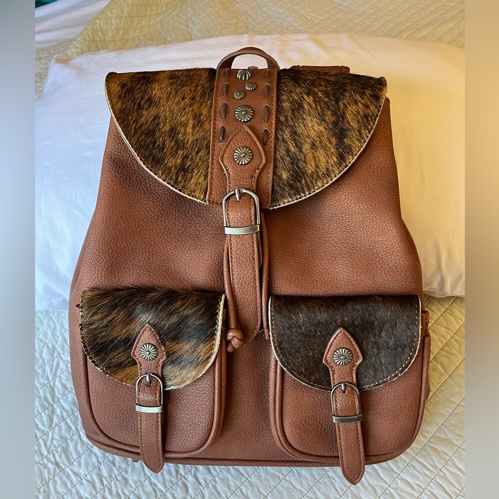 Trinity Ranch Western Brown Leather Boho Bag Backpack Purse hairon cowhide READ